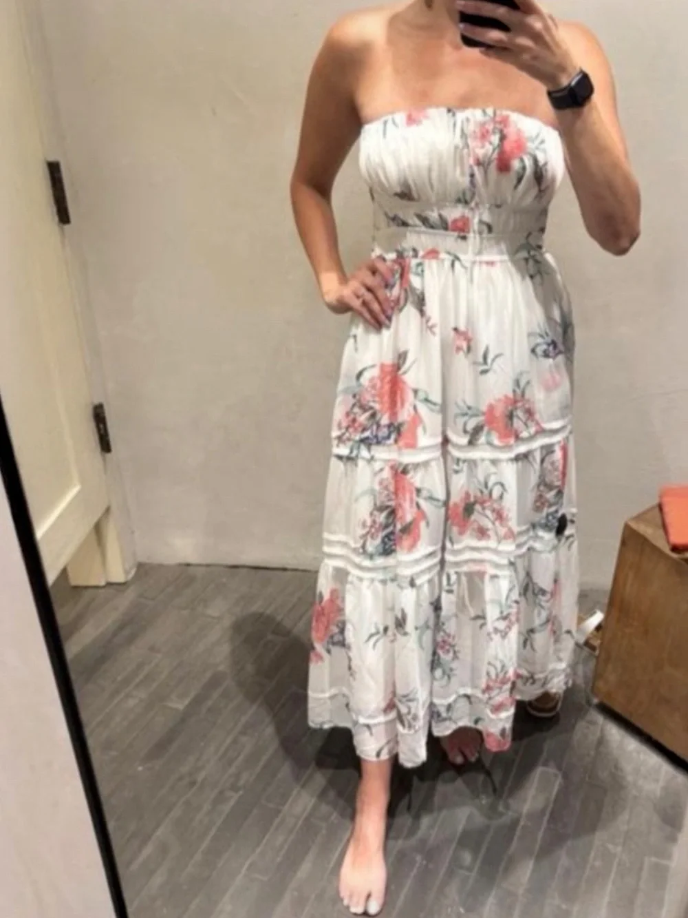 Anthropologies Somerset Strapless Smocked Floral Midi Dress Ivory Cottagecore M
